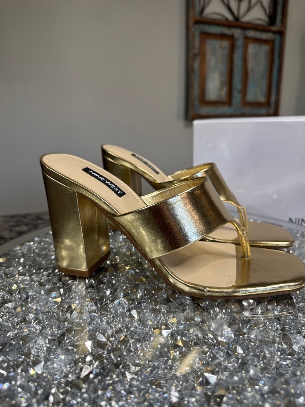 Nine West Metallic Gold Block Heel square toe Thong Sandals NEW 7.5